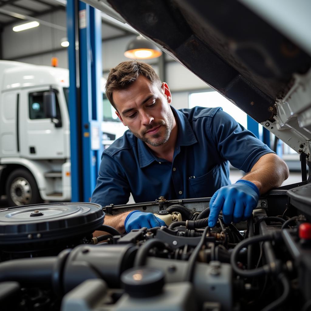 Experienced technician working on a truck engine in a Rockville auto service center