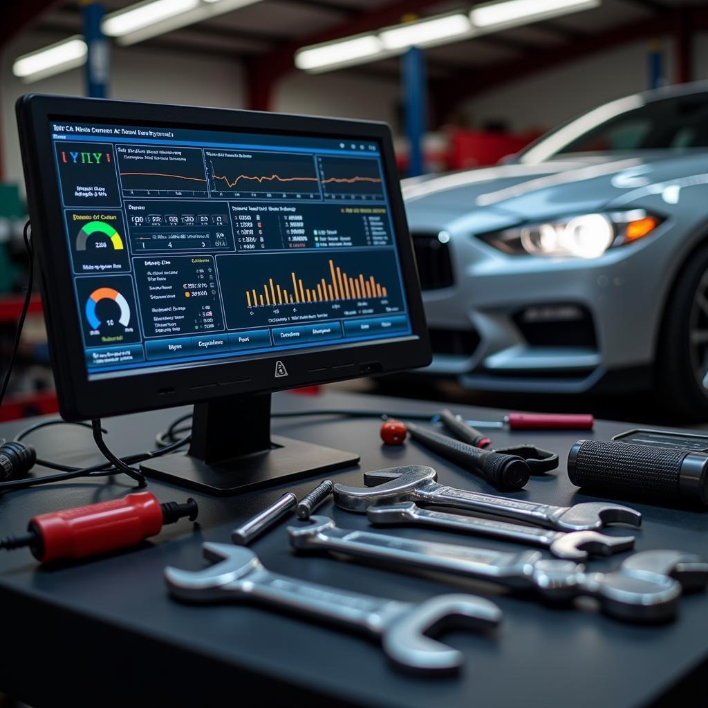 Car Diagnostics Computer and Tools in an Auto Repair Shop