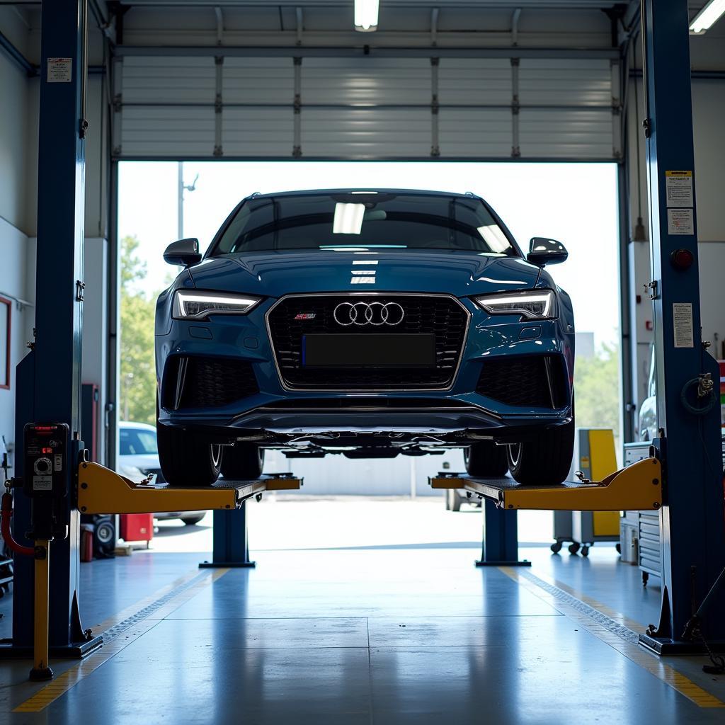 Car on a lift in a royal auto service center