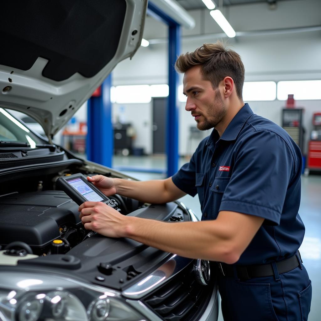 Technician checking a car in a royal auto service center