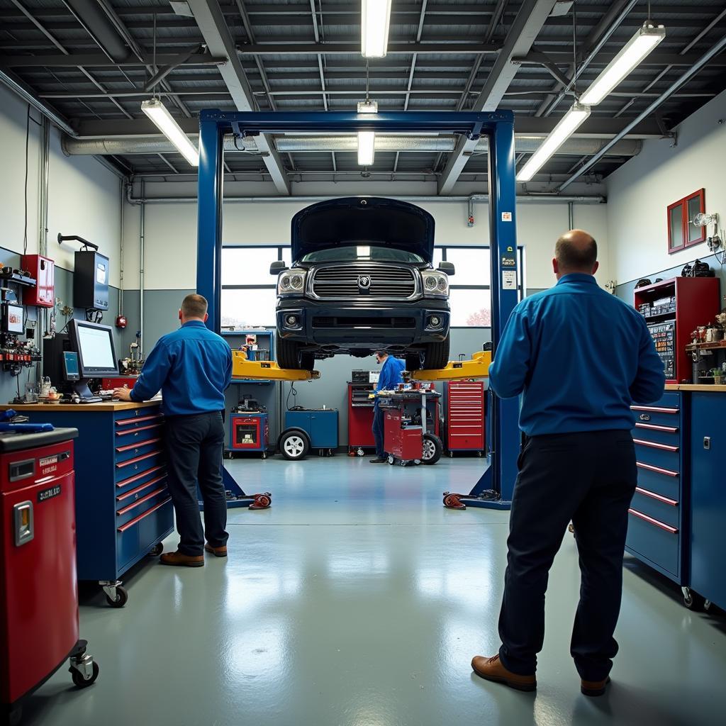 A modern and clean royal gas and auto service station with mechanics working on a car.