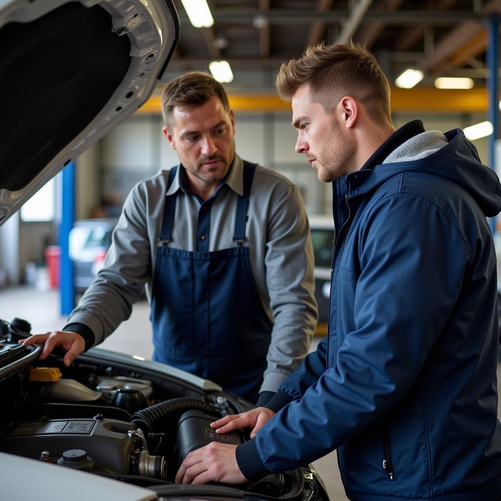 Russian-speaking mechanic explaining car repair to a customer