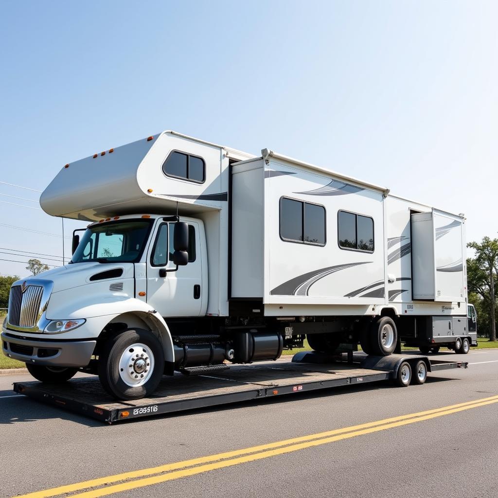 RV Being Transported on a Specialized Trailer