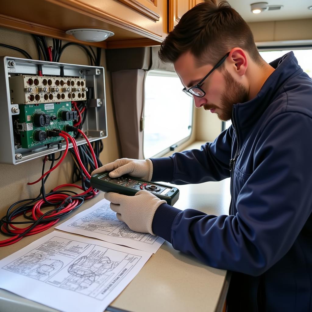 RV Electrical System Repair in Progress at a Self Service Garage