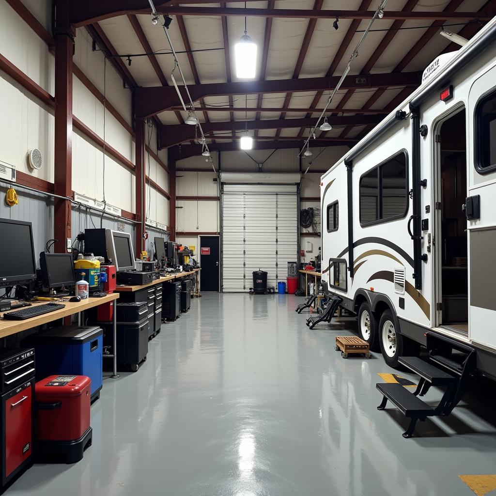 RV Service Center Interior with Various Tools