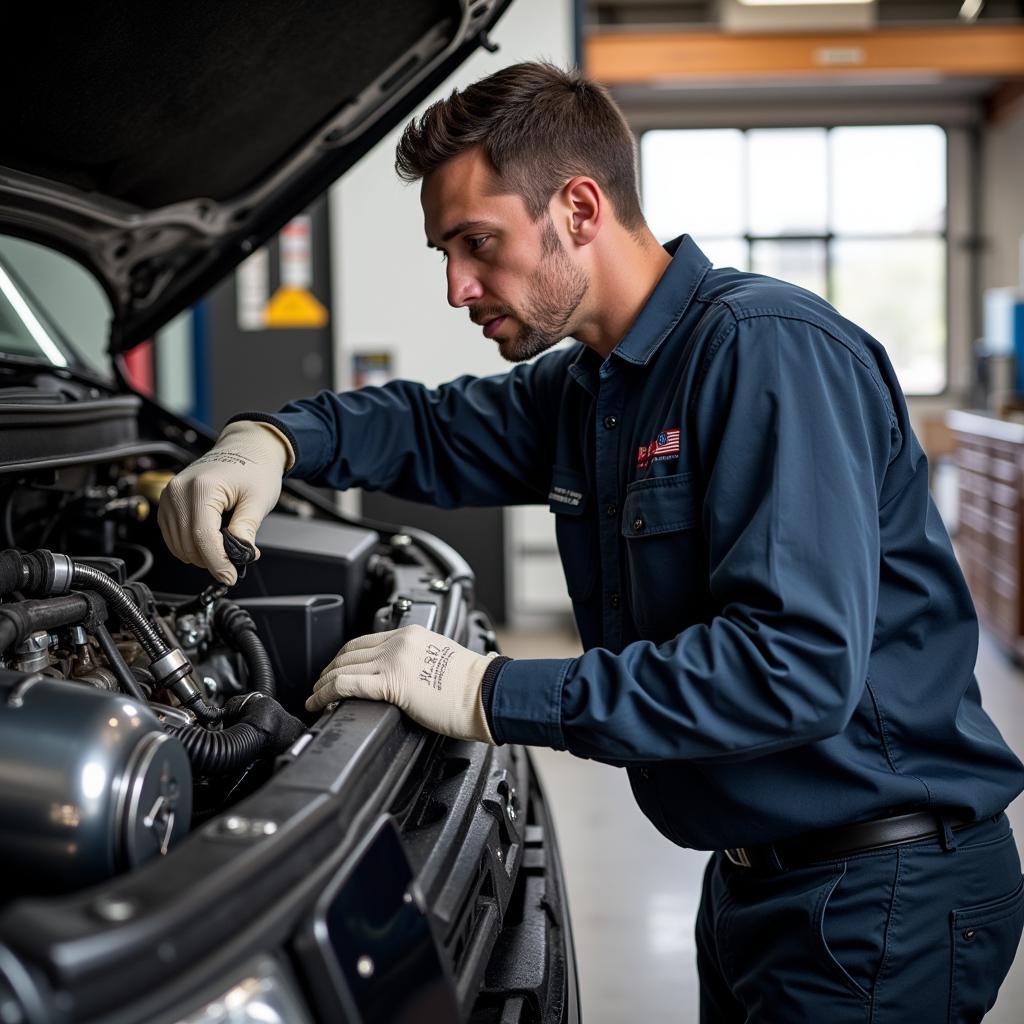 RV Service Technician Working on Engine