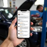 San Antonio Auto Service Reviews: A Customer Checking Online Reviews on a Mobile Phone