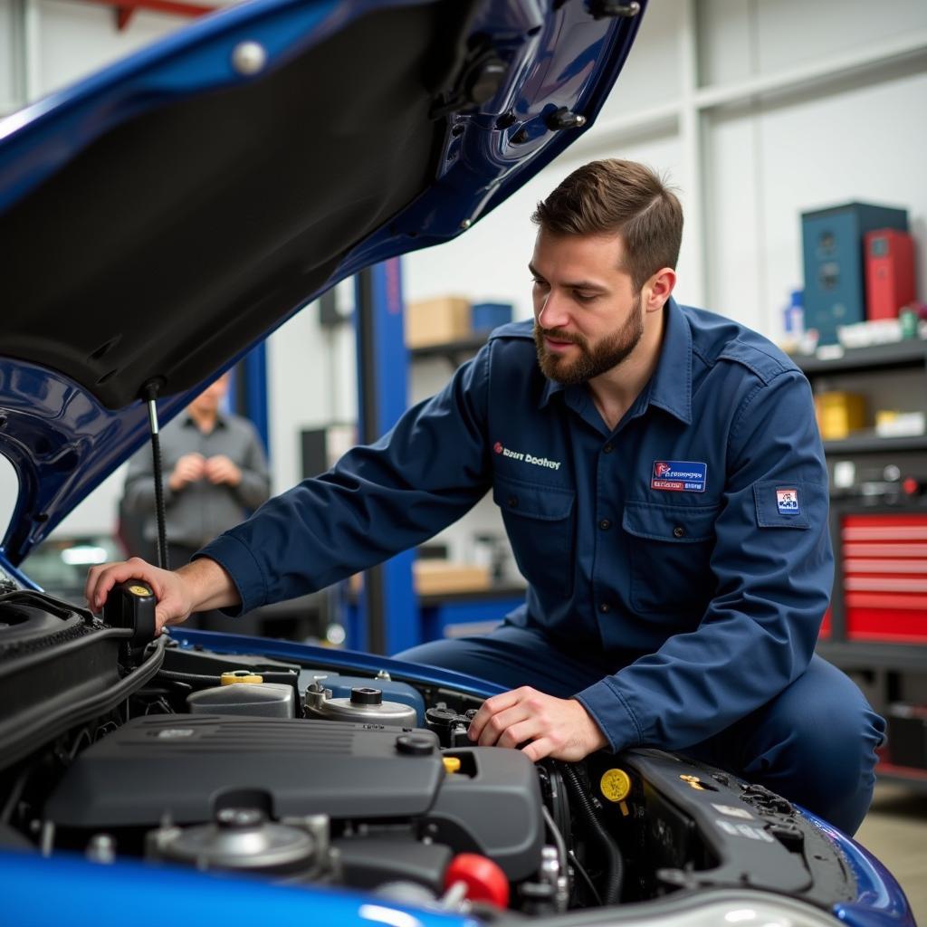 Mechanic working on a car in a San Rafael auto service shop