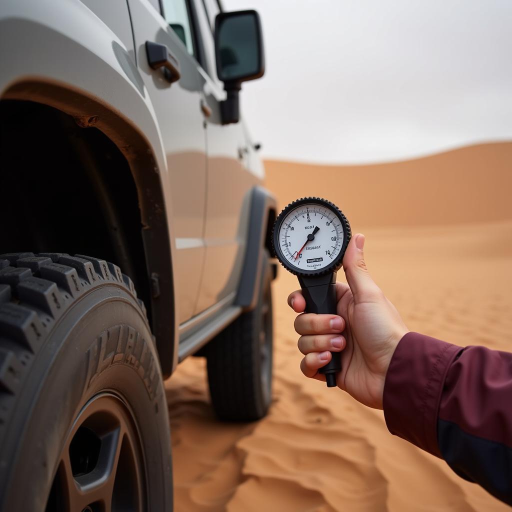 Checking tire pressure before entering sand dunes