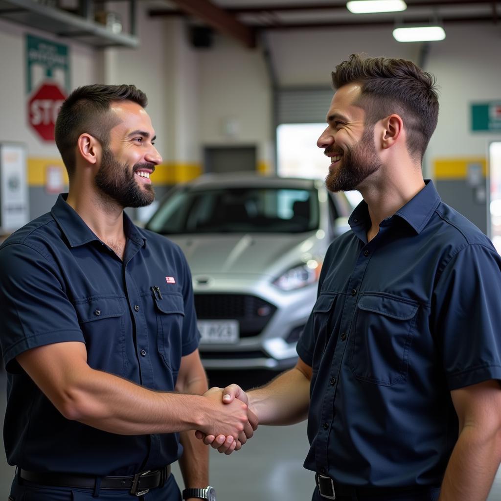 Satisfied customer shaking hands with a mechanic at albert auto service - south