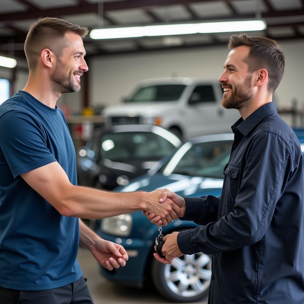 A satisfied customer receiving their car keys after a repair.