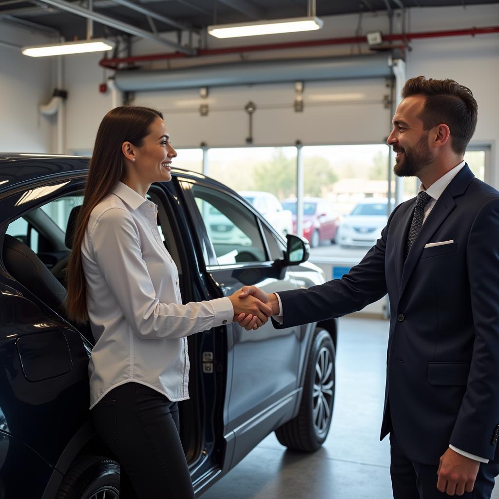 Satisfied Customer Picking Up Car from Service Center