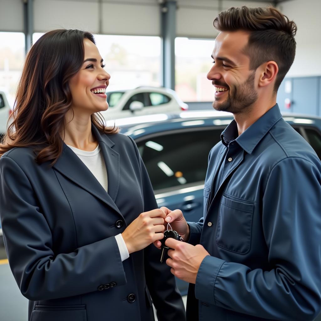 Happy customer receiving their serviced vehicle from a technician