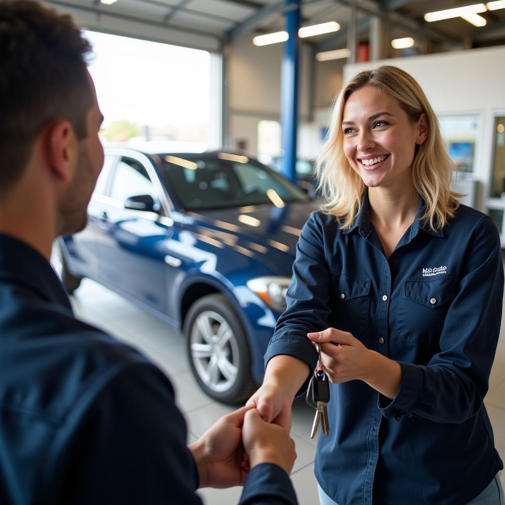 Satisfied Customer Receiving Car Keys at Ashfield Auto Service Center