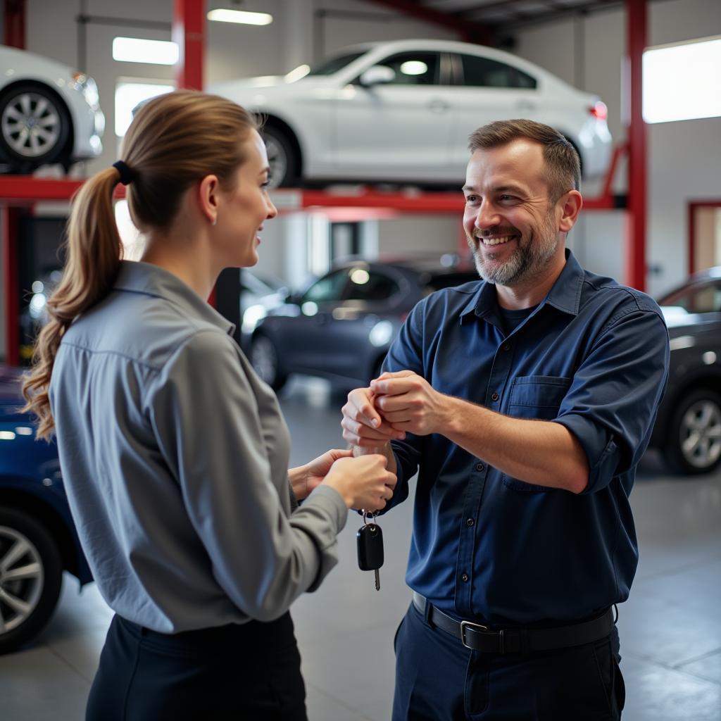 Satisfied Customer Receiving Car Keys from Auto Haus Service Advisor