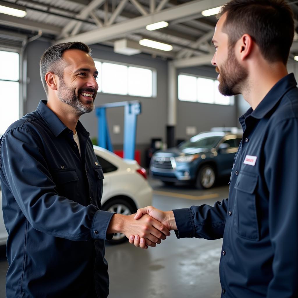 Satisfied customer shaking hands with a mechanic in an auto service shop in Boston