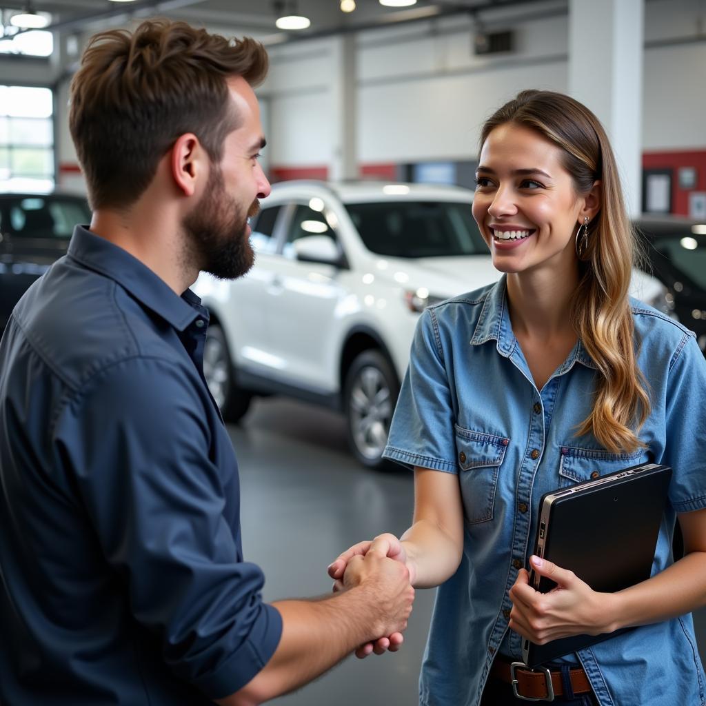 Satisfied Customer with Auto Center Service Advisor