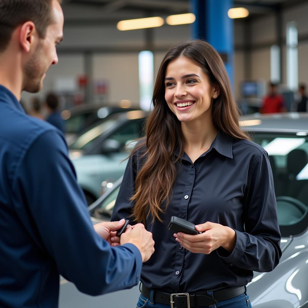 Satisfied customer receives their repaired car from a Midlothian auto service mechanic