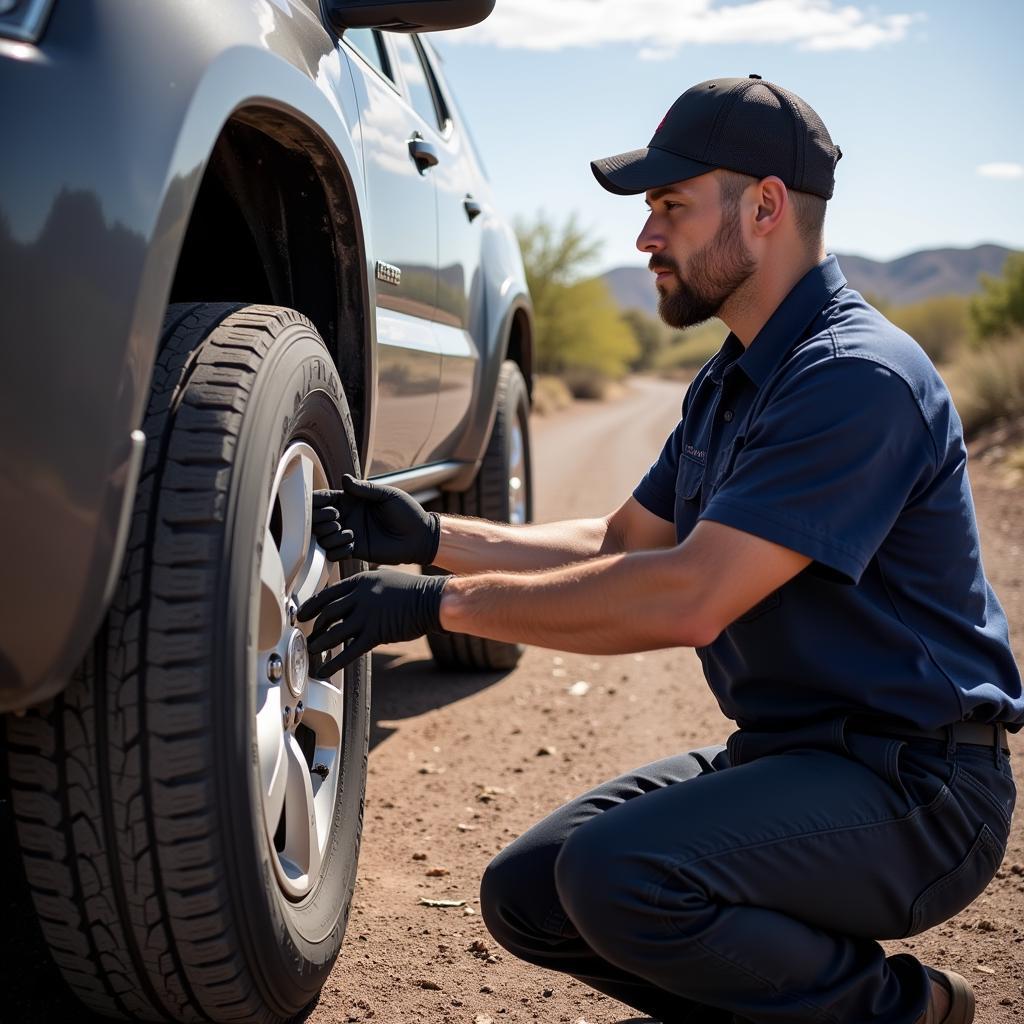 Scottsdale Auto Mechanic Inspecting Tires in Desert Climate