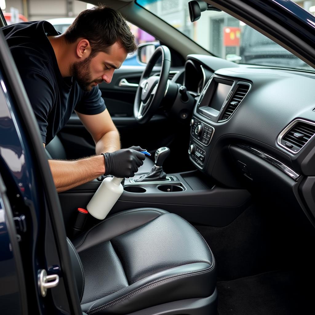 Detailing professional meticulously cleaning a car's interior in Seattle