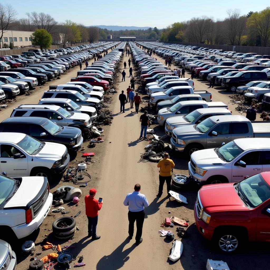 A panoramic view of a self-service auto salvage yard