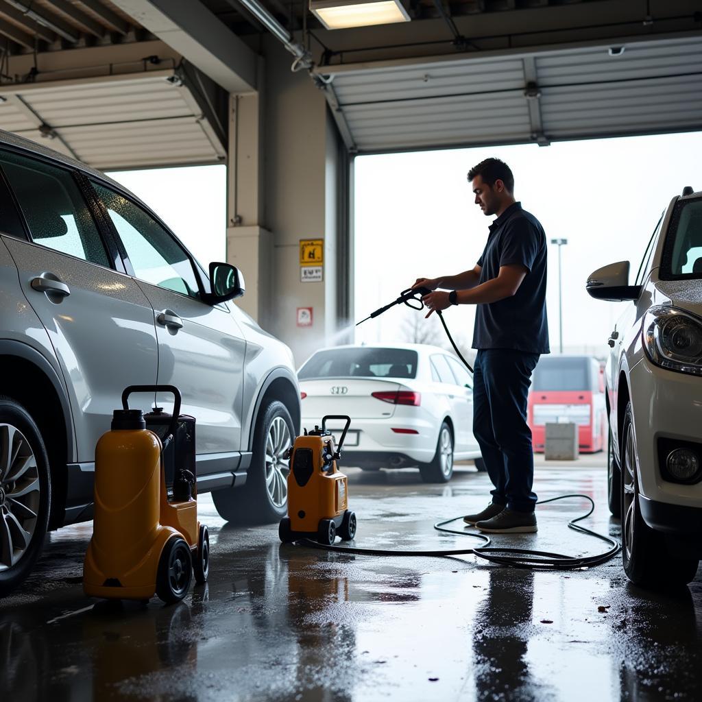 Self-Service Car Wash Bay in Use