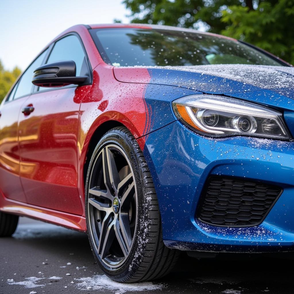 A gleaming, clean car after a self-service car wash, parked in the sun.