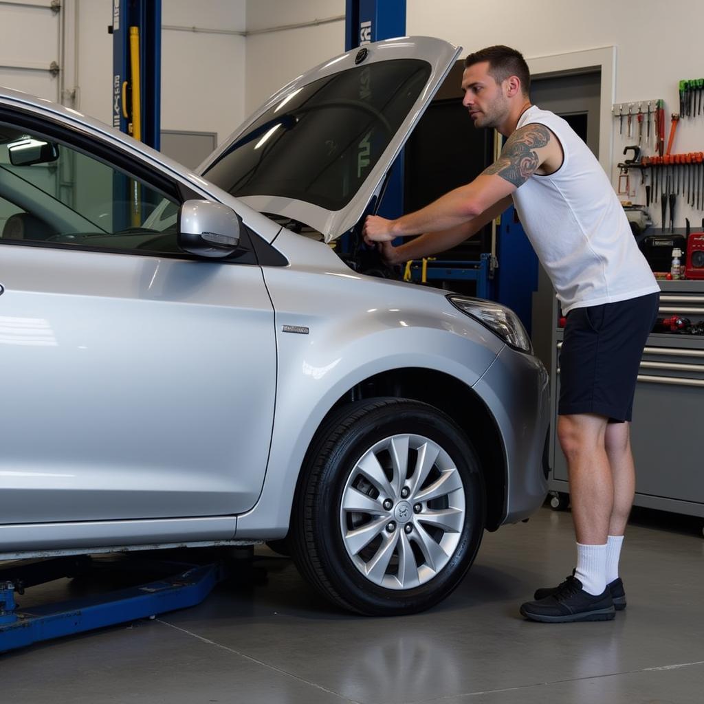 Silver Car Undergoing Maintenance at a Service Center