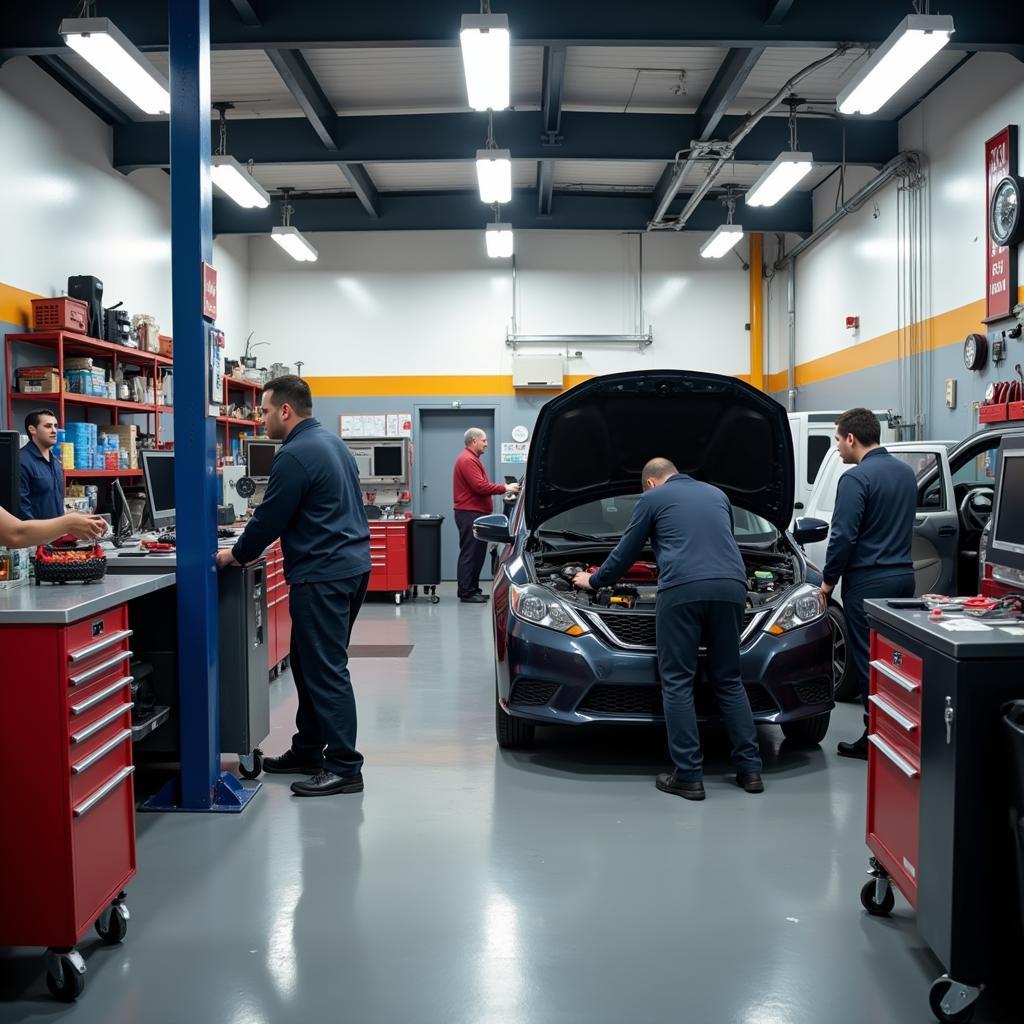 SJ Auto Service Bay Area - A modern and clean auto repair shop with mechanics working on a vehicle.