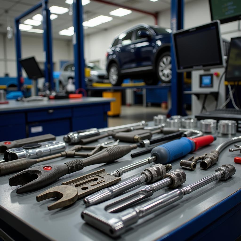 Specialized tools and equipment for a specific car make in an auto craft service center.