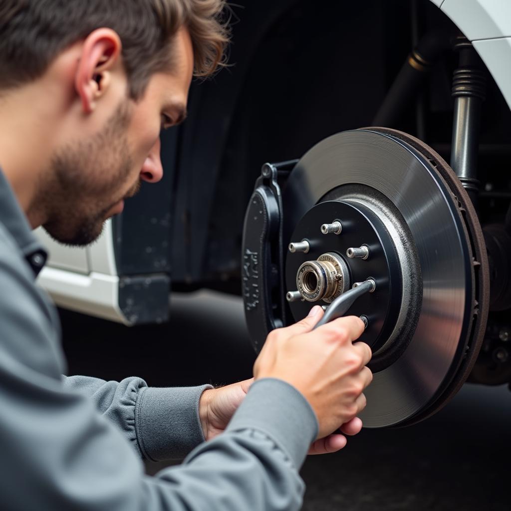 Technician Inspecting Brakes at Speedee