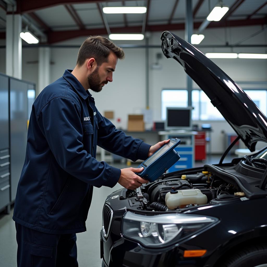 Technician working on a car engine in an auto service center