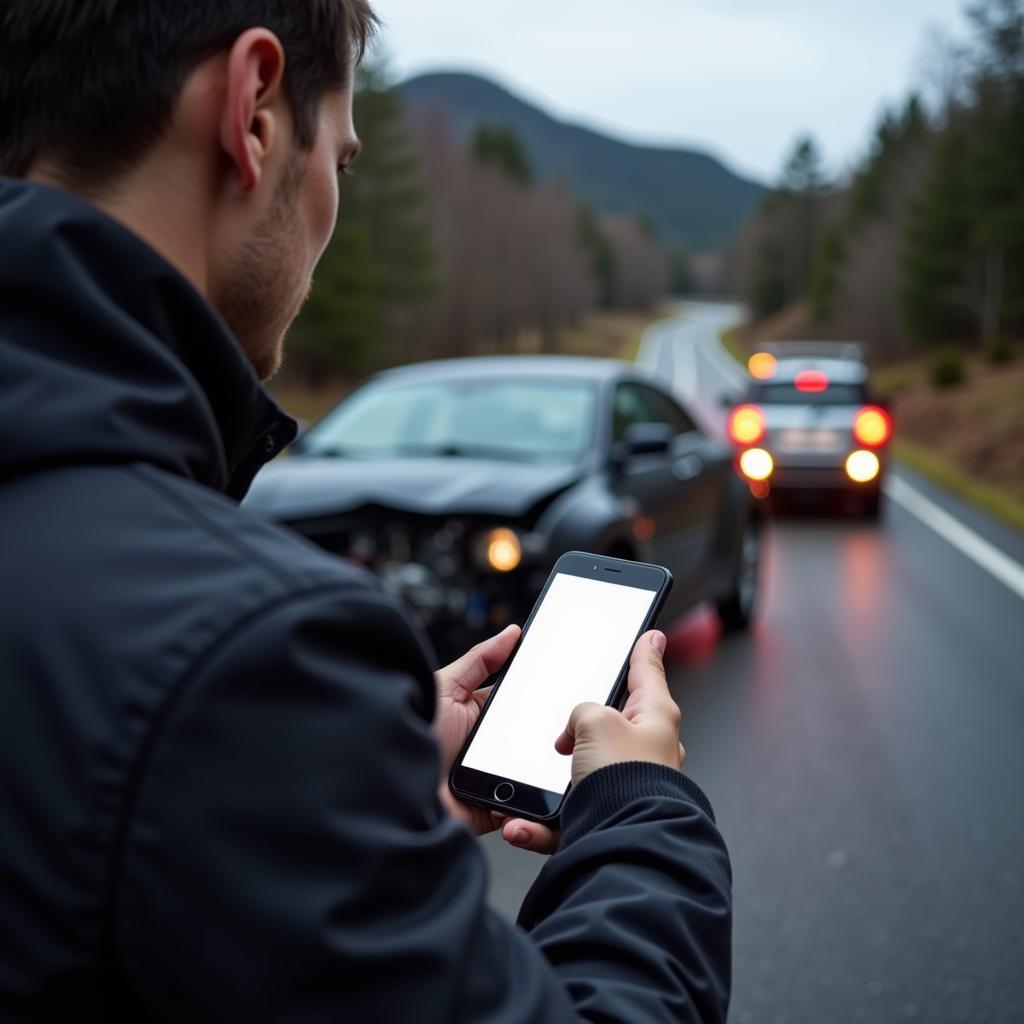 Stranded driver calling for an auto emergency towing road service on their mobile phone.