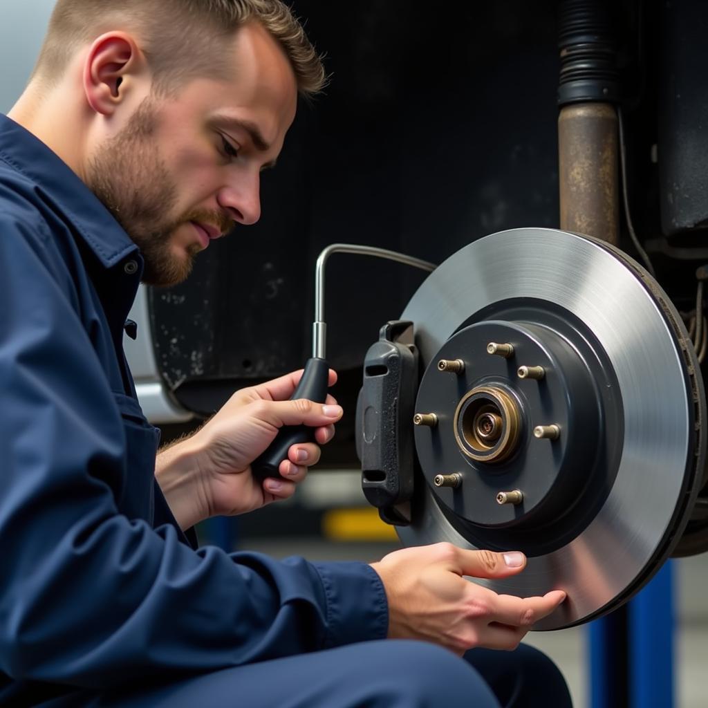 Technician Inspecting Brakes in a Summit Tire and Auto Service Bay