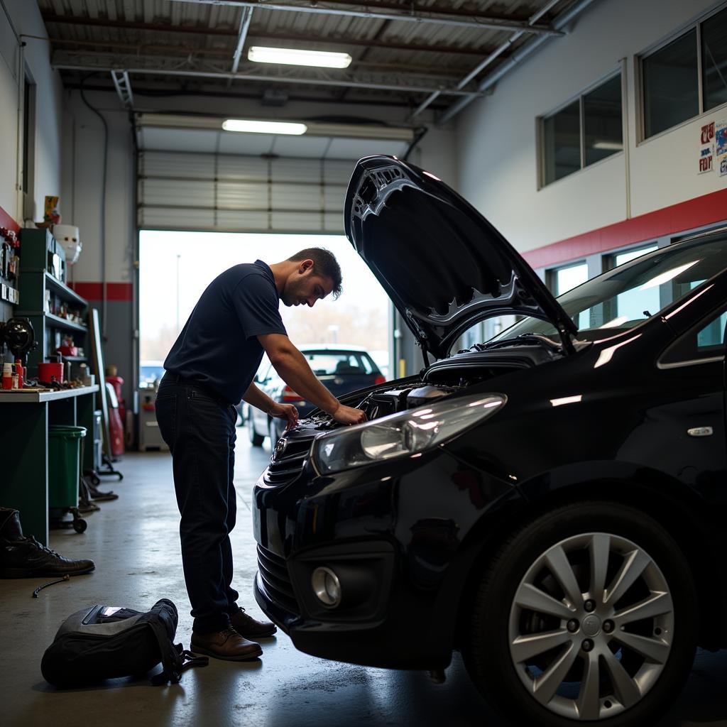 Mechanic working on a car in an auto repair shop open on Sunday