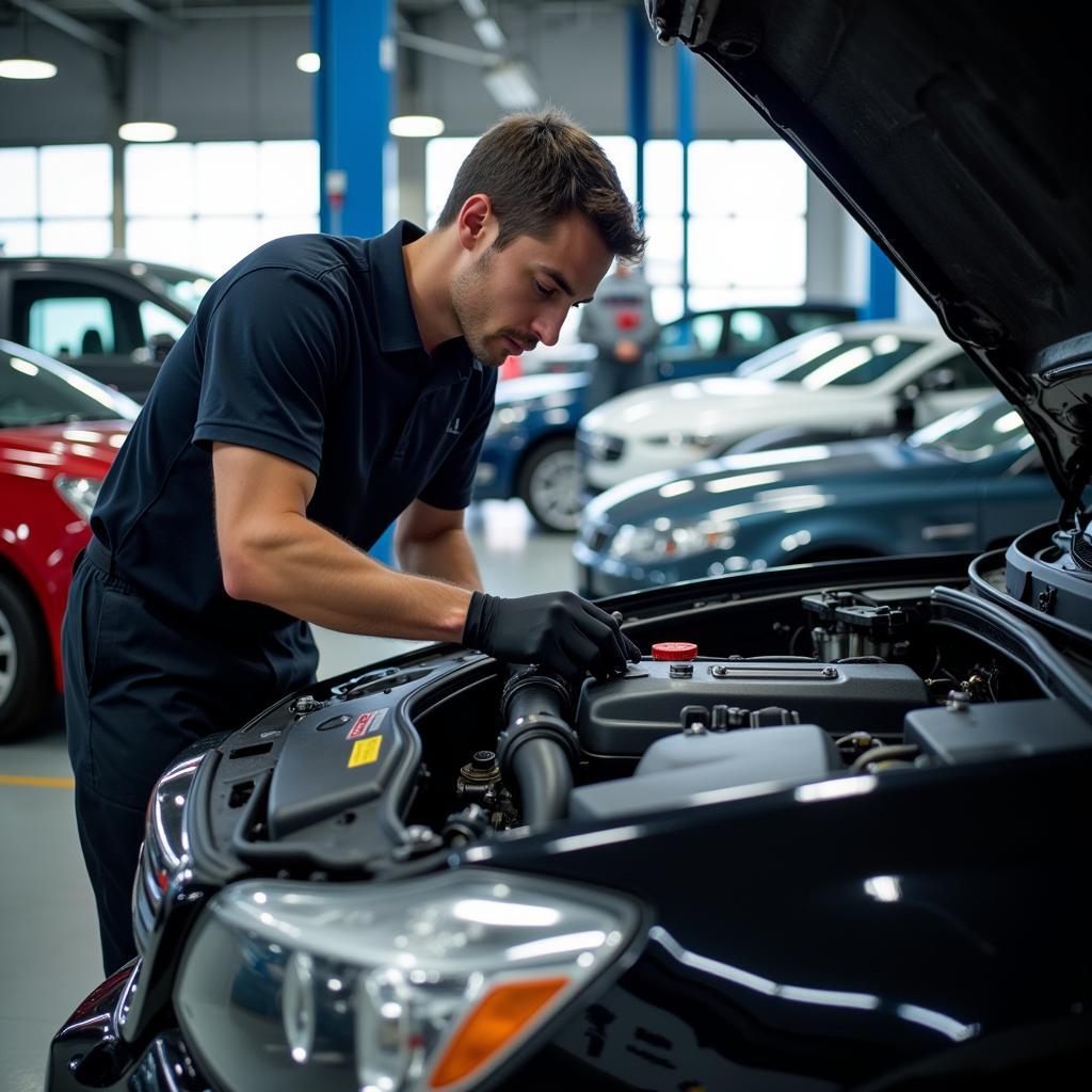 Mechanic working on a car in a busy auto service center on a Sunday