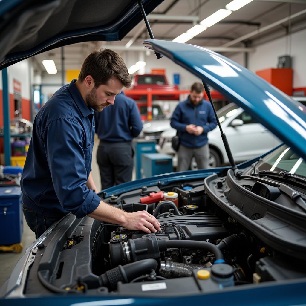 Mechanic working on a car in a busy auto service center on a Sunday