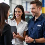 Customer service representative assisting a client at Sunland Auto Service Mesa