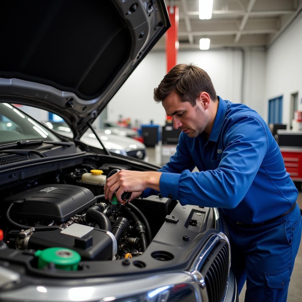 Swansons Auto Service Technician Working on a Car Engine