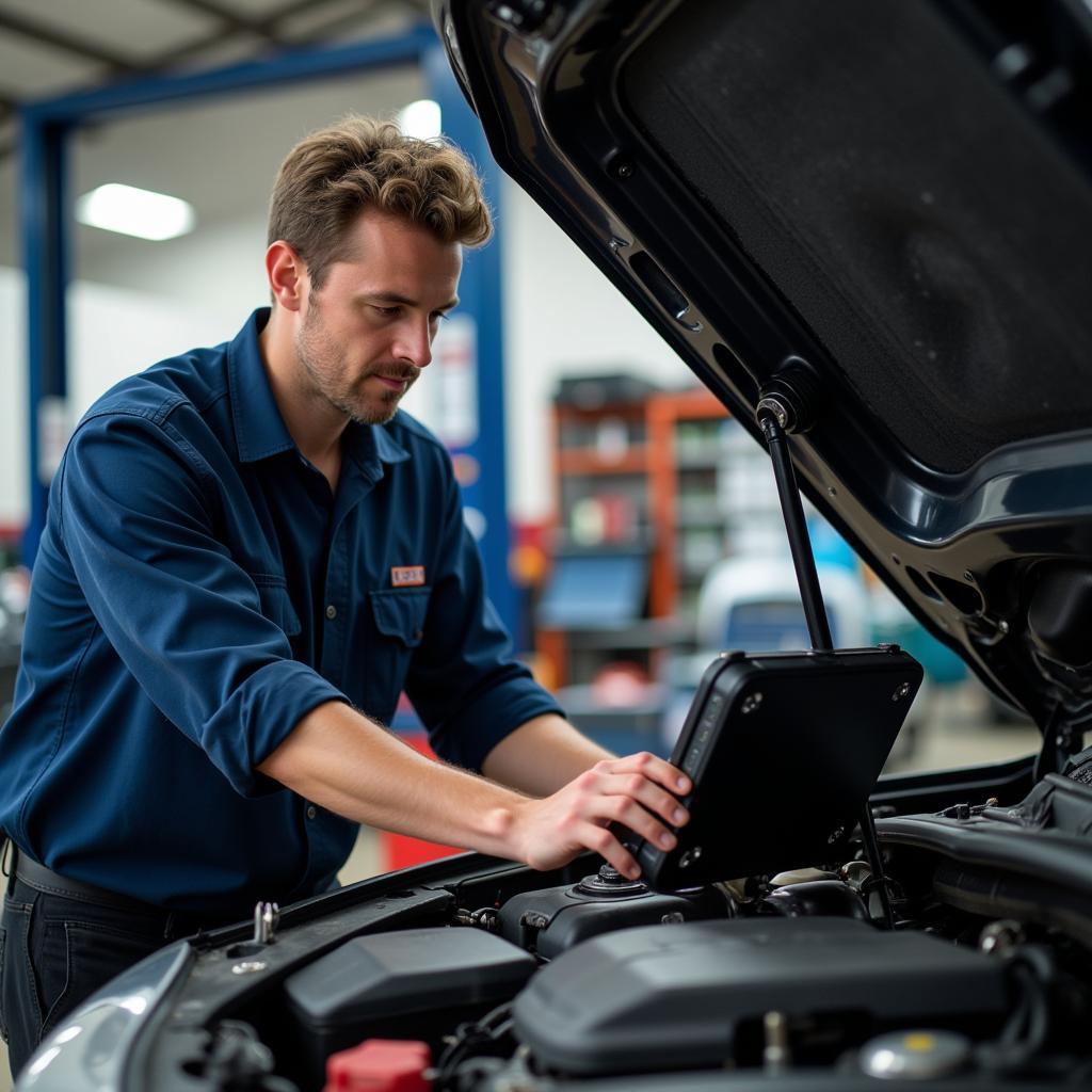 Tallahassee Auto Mechanic Performing Diagnostics on a Vehicle