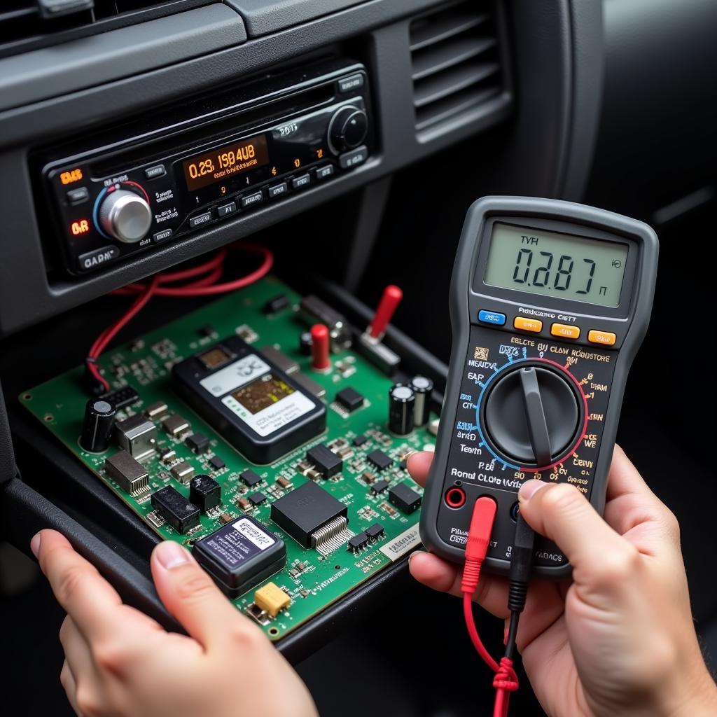 A technician using a multimeter to diagnose a car stereo problem