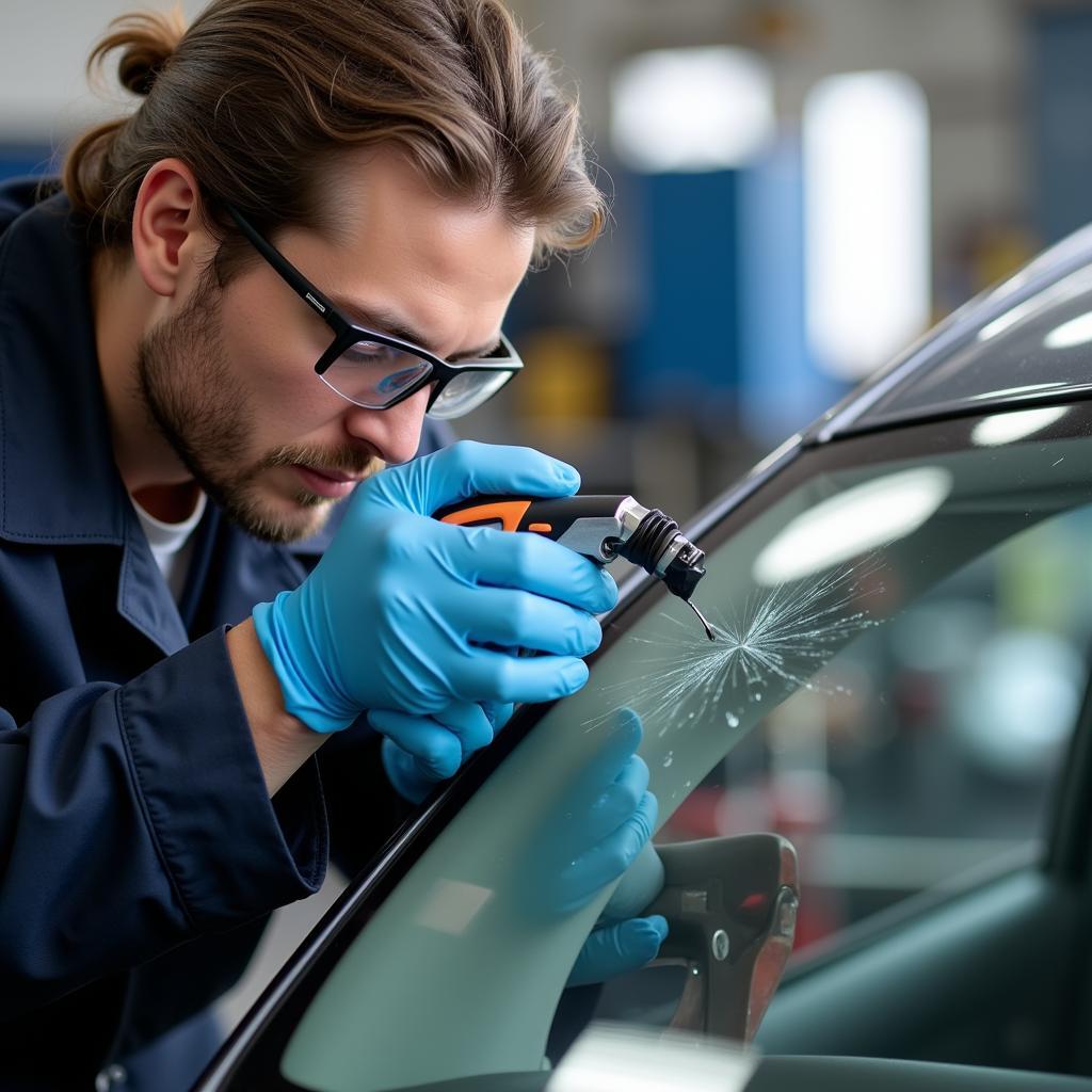 Technician Inspecting Windshield Damage with Specialized Tools