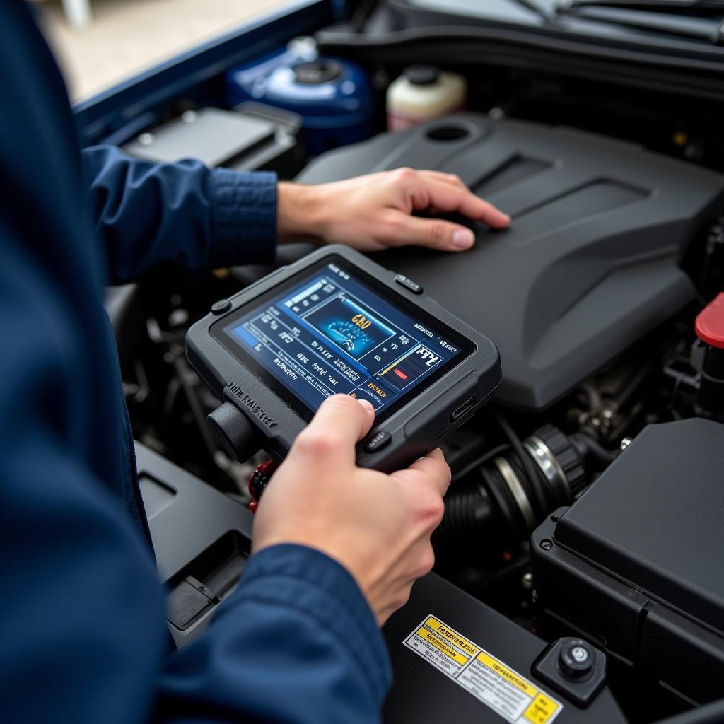 Technician Using Diagnostic Tool on Car Engine