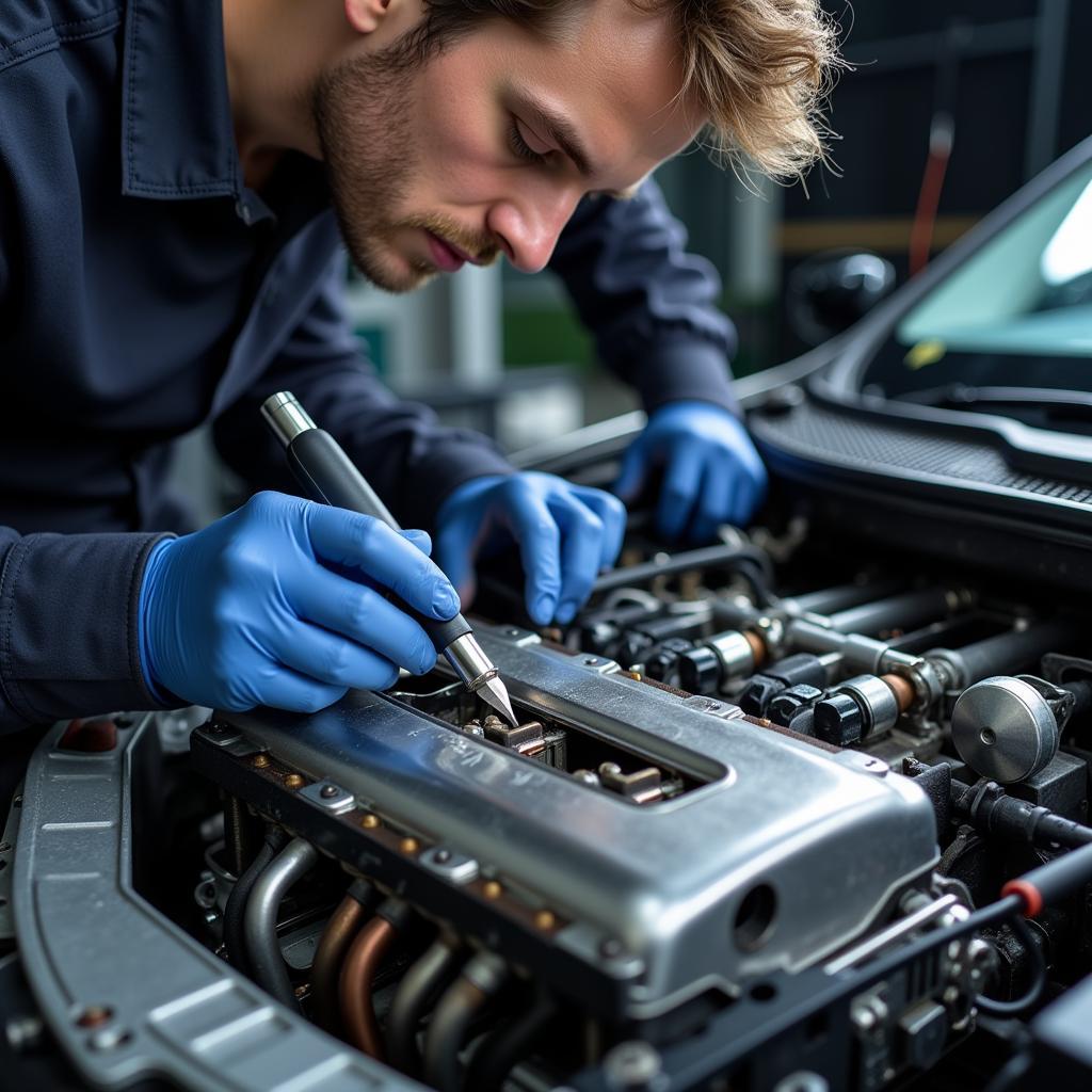 Technician carefully repairing an auto module