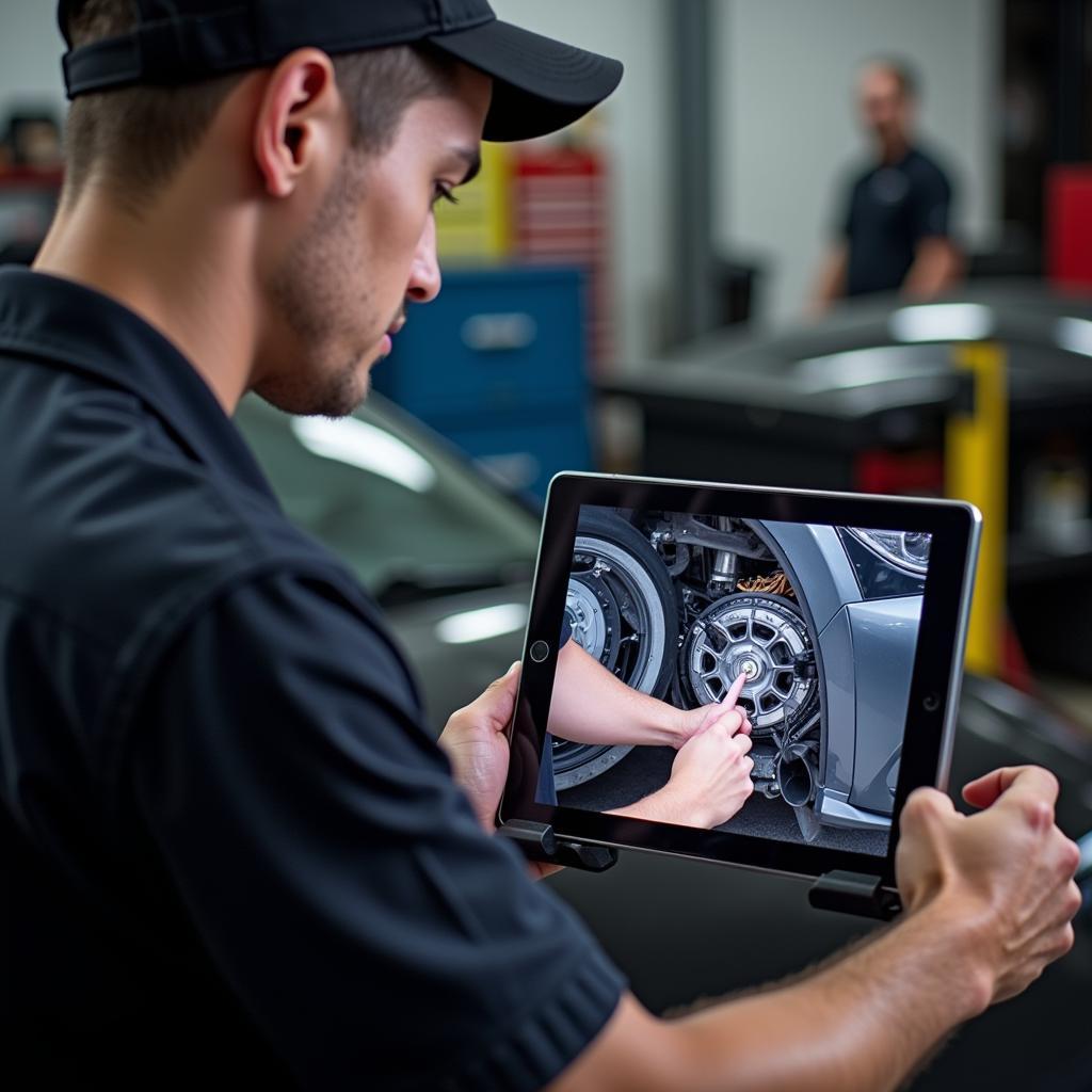 Technician using video tutorial for training