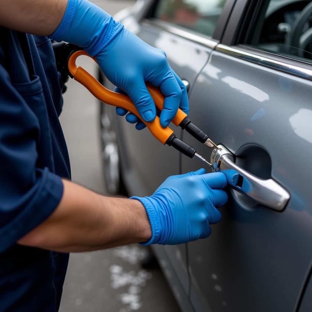 Technician Unlocking Car Door with Specialized Tools