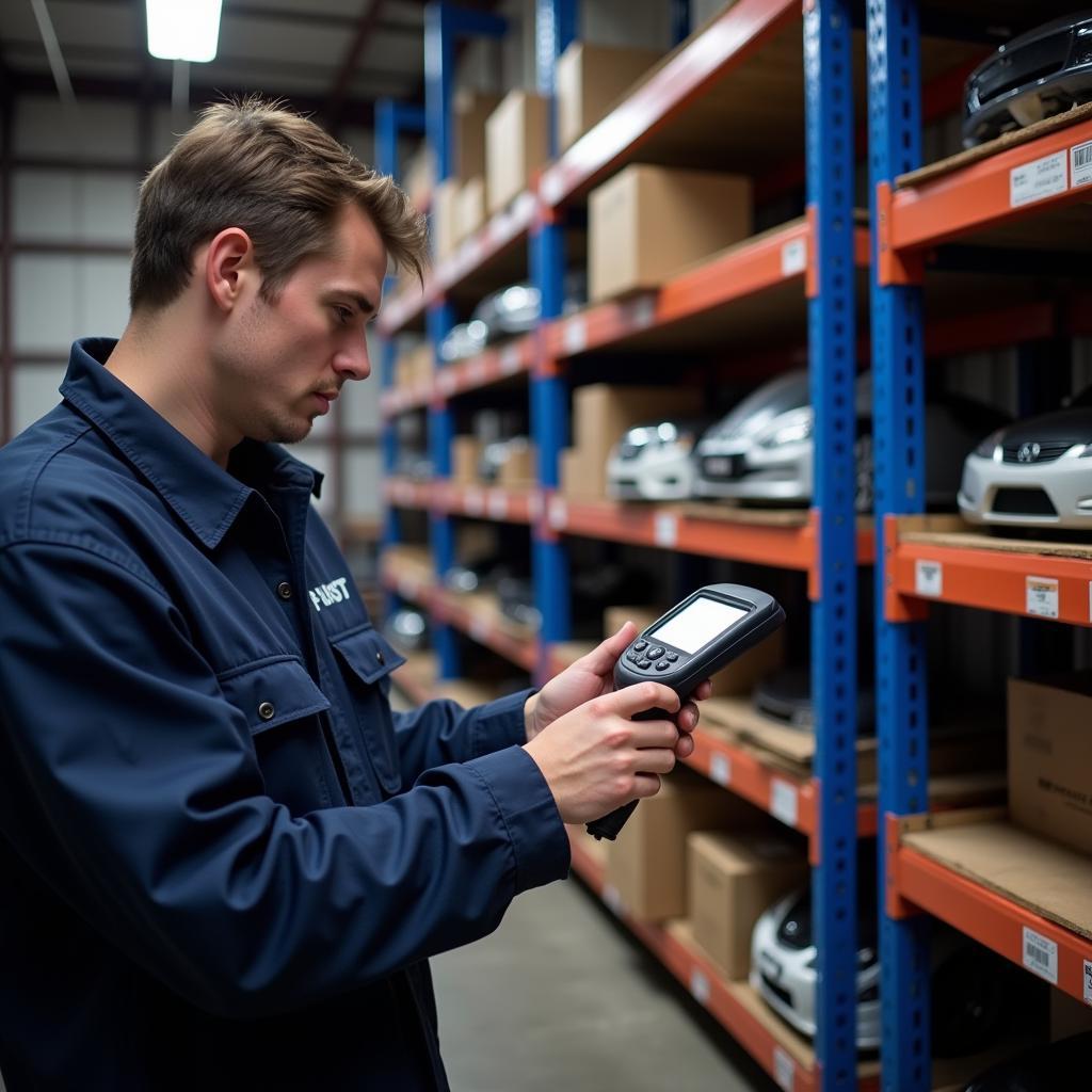 Technician Using Barcode Scanner in Parts Department