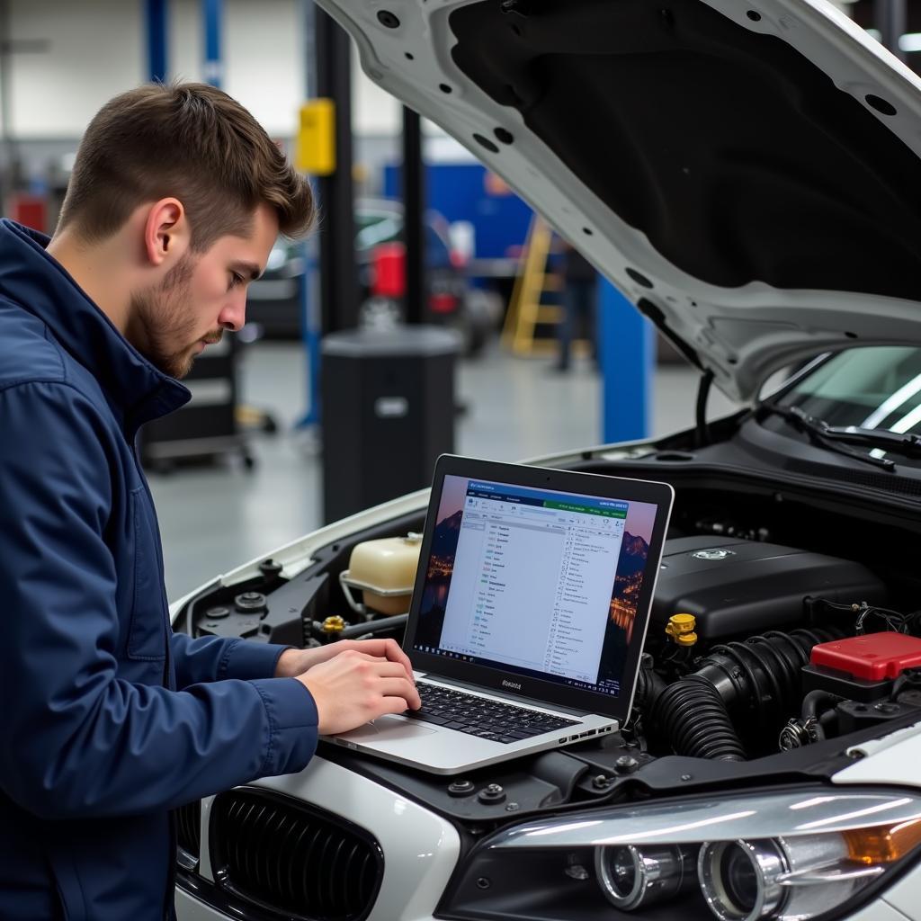 Technician using diagnostic software on a car