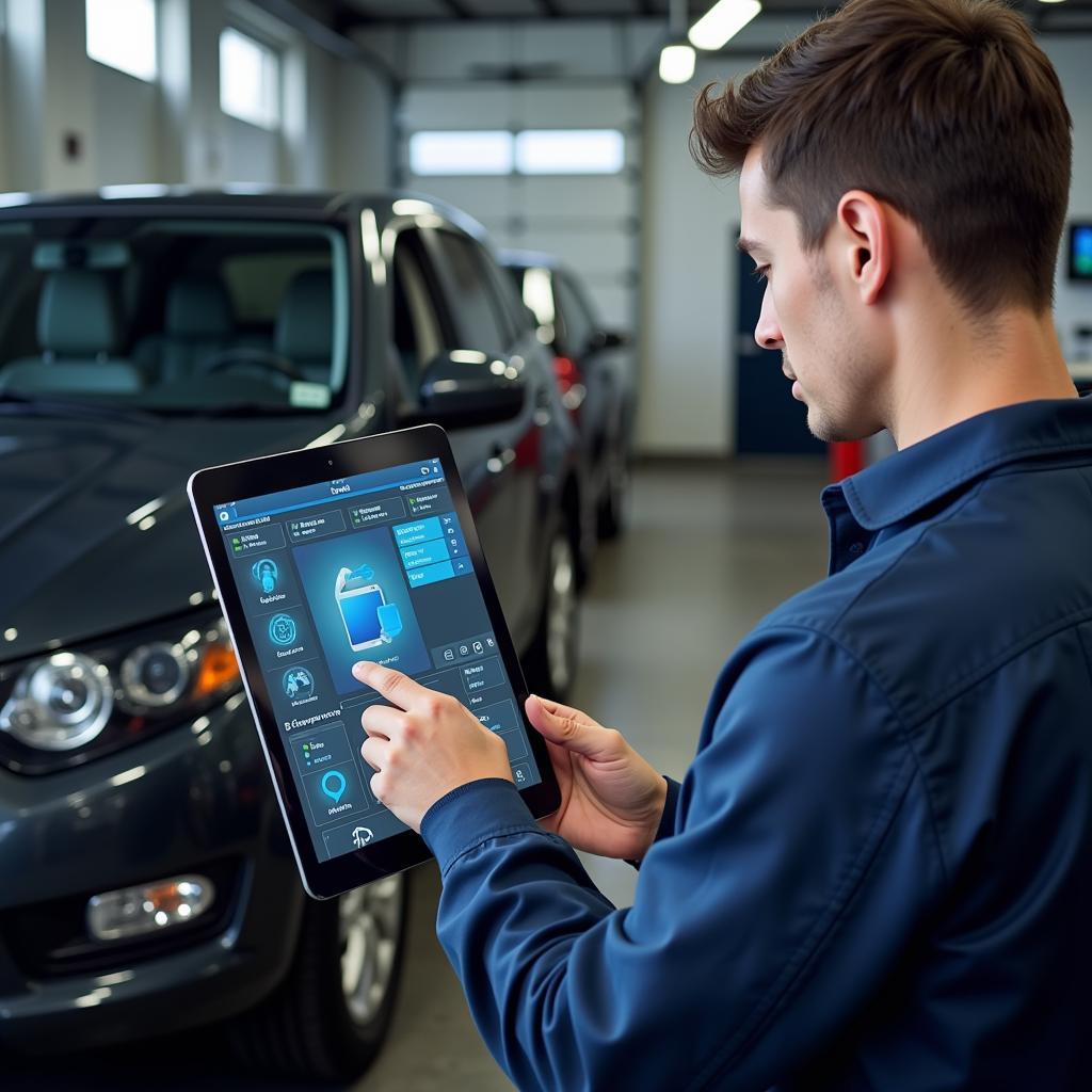 Technician Using Diagnostic Tablet on Car