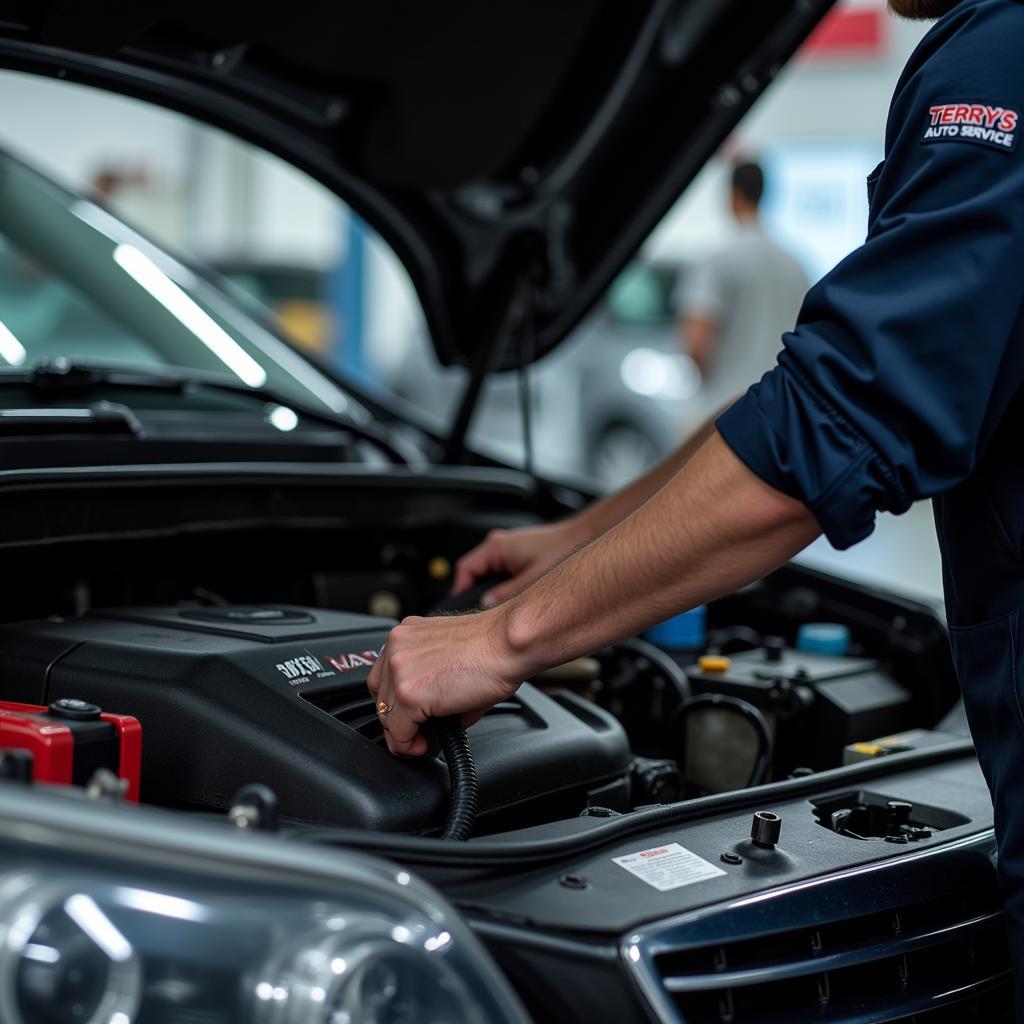 Mechanic working on a car engine at Terry's Auto Service